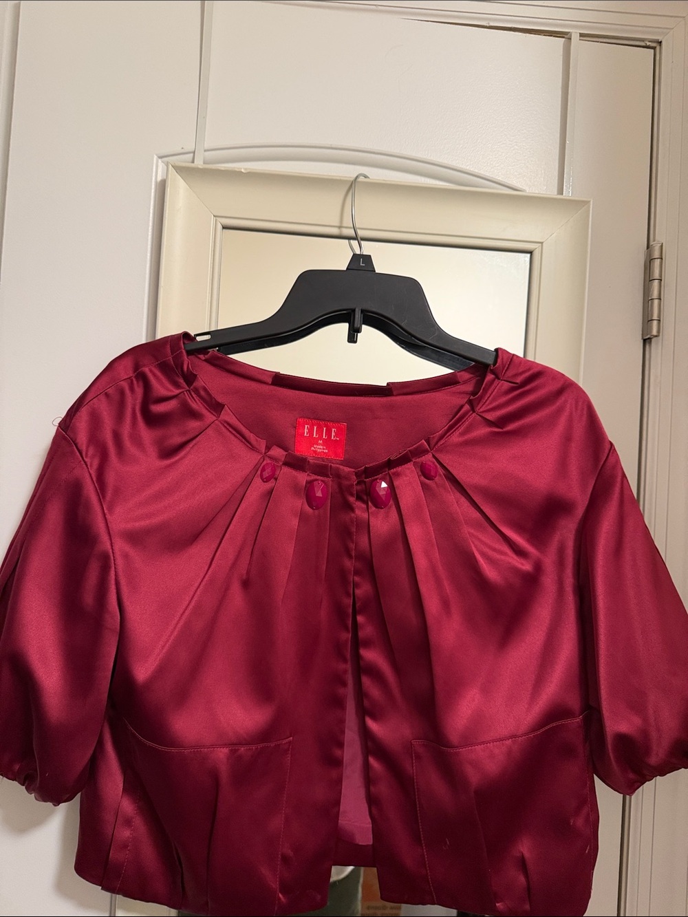 Elle Satin Burgundy Crop Jacket with Button Accents